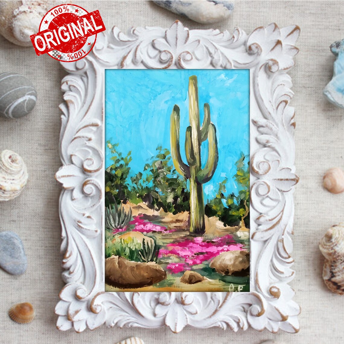 Saguaro Cactus in Blooming Desert Original Oil Landscape Poster - Image 4