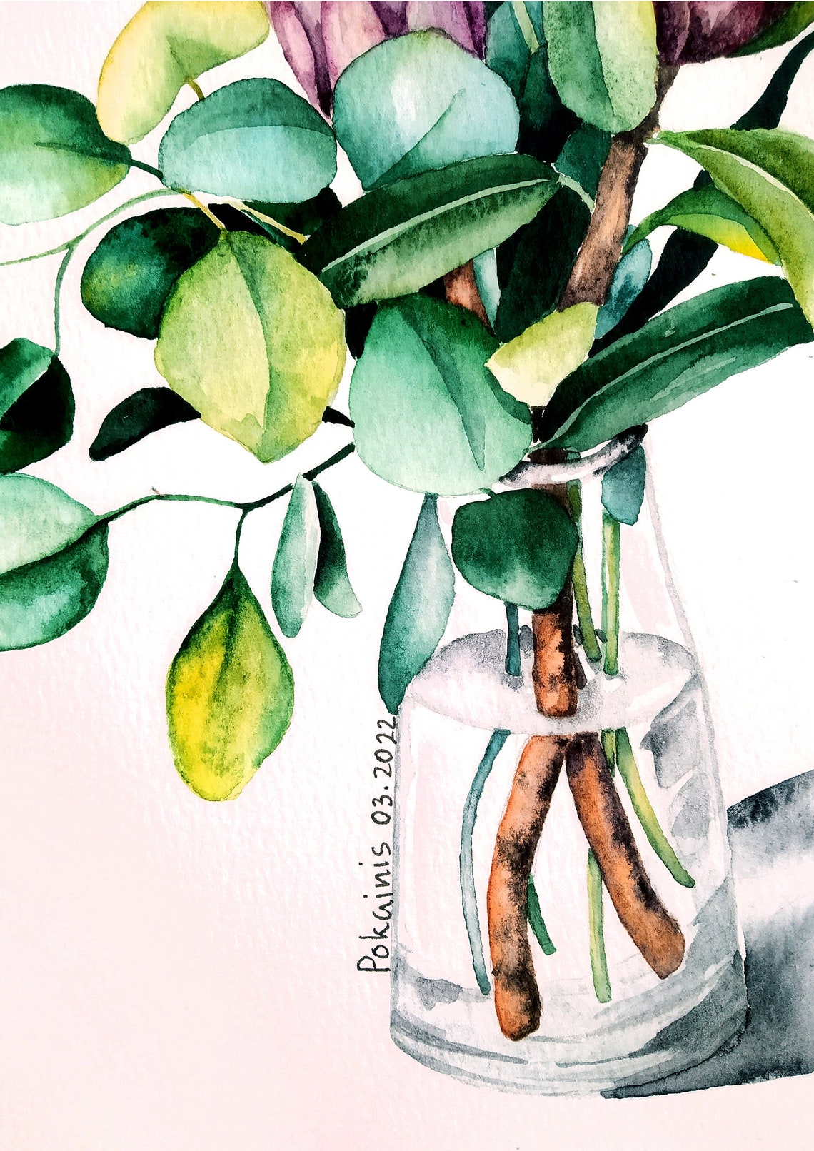 Pink Protea Watercolor Poster With Eucalyptus In A Glass Vase - Image 2