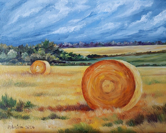Hay Bales Landscape Oil Painting Art Print, Farmhouse
