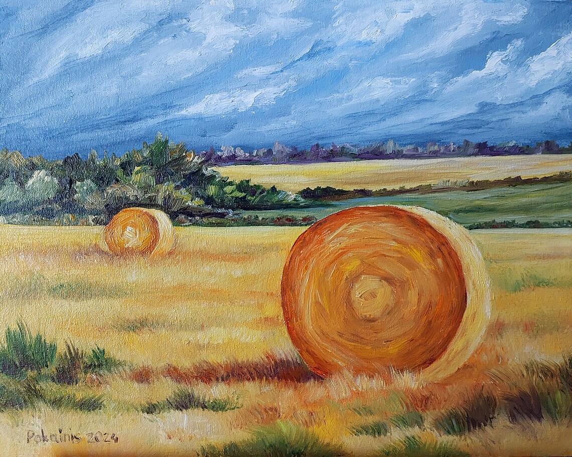 Hay Bales Landscape Oil Painting Art Print, Farmhouse