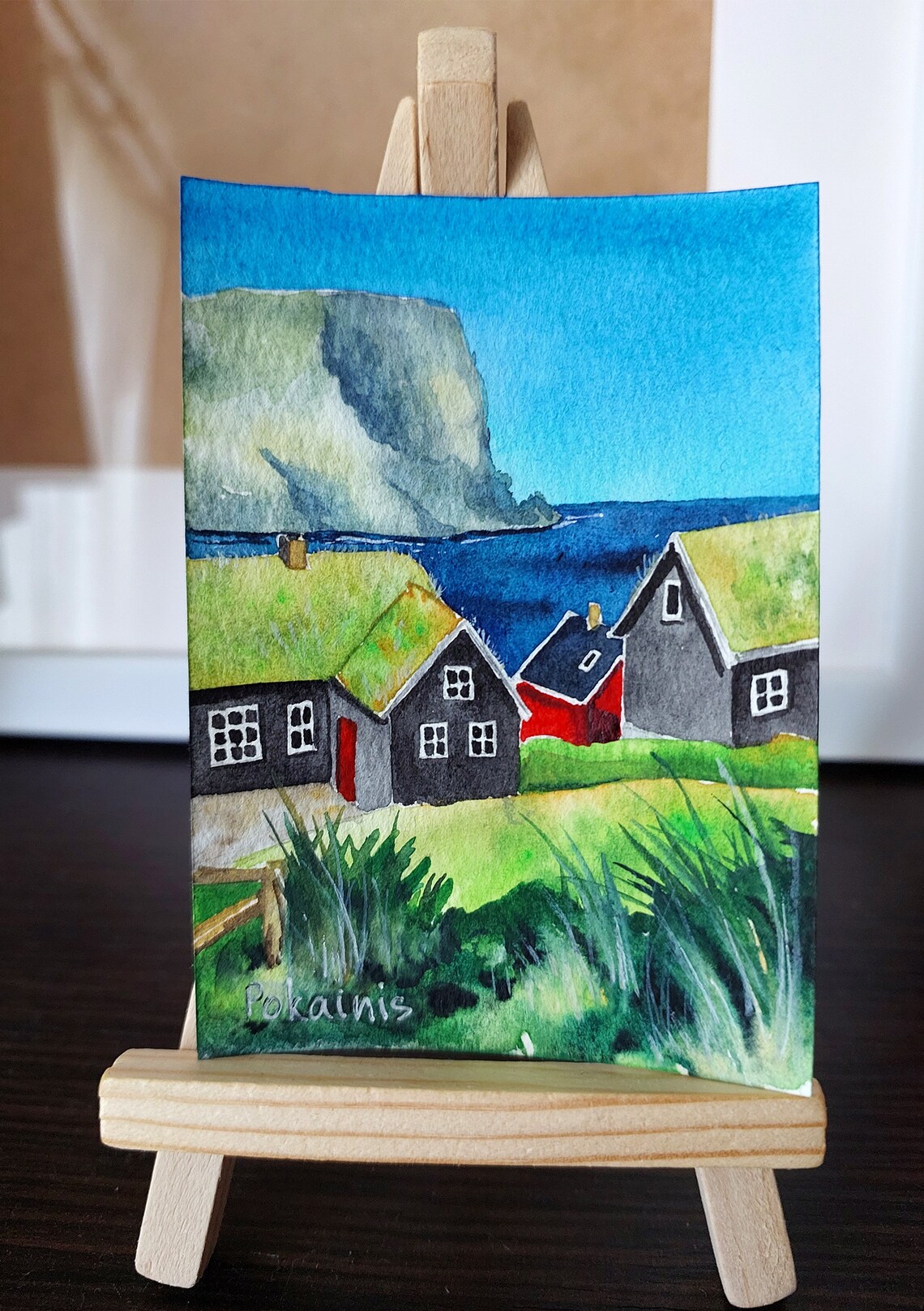 Lofoten Islands Fishing Village ACEO Watercolor Coastal Poster