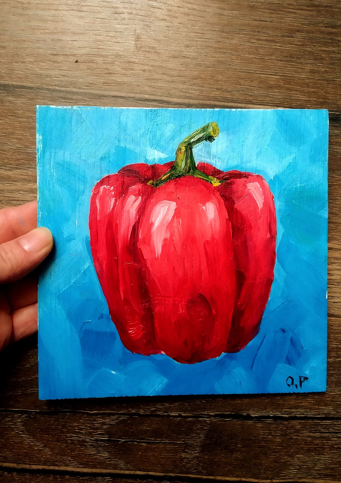 Red Bell Pepper Impasto Oil Painting Bold Blue Kitchen Poster - Image 4