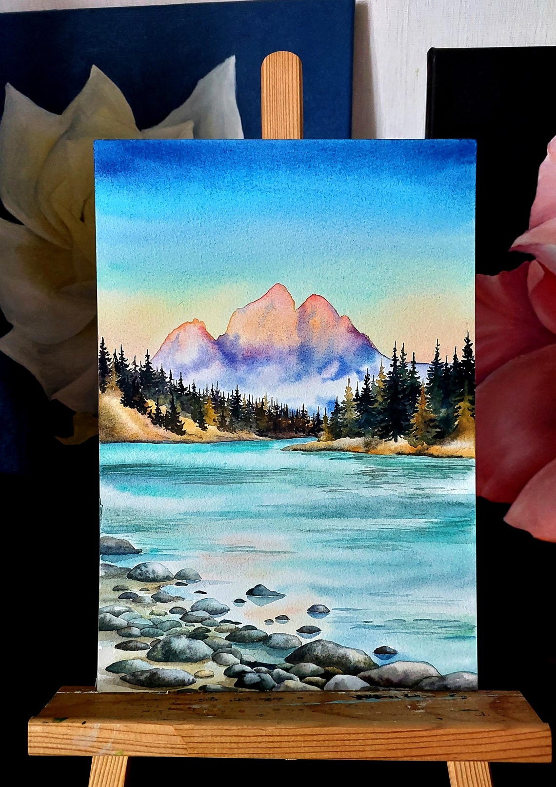 Mountain Lake Watercolor Twin Peaks Alpine Scenic View Poster - Image 5