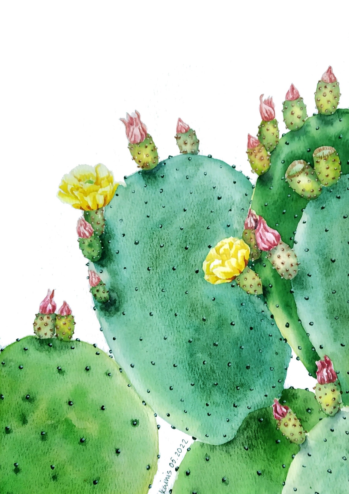 Prickly Pear Cactus Pads with Yellow Flowers Watercolor Art Poster