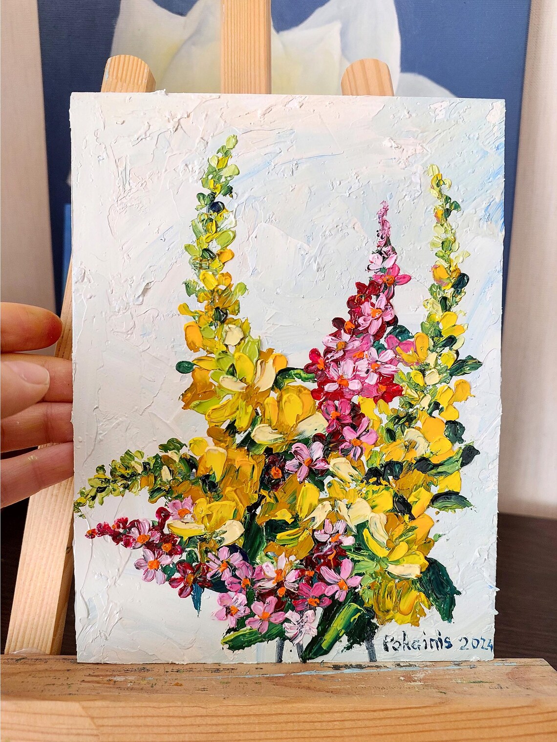 Yellow Pink Wildflower Spires Thick White Impasto Oil Poster
