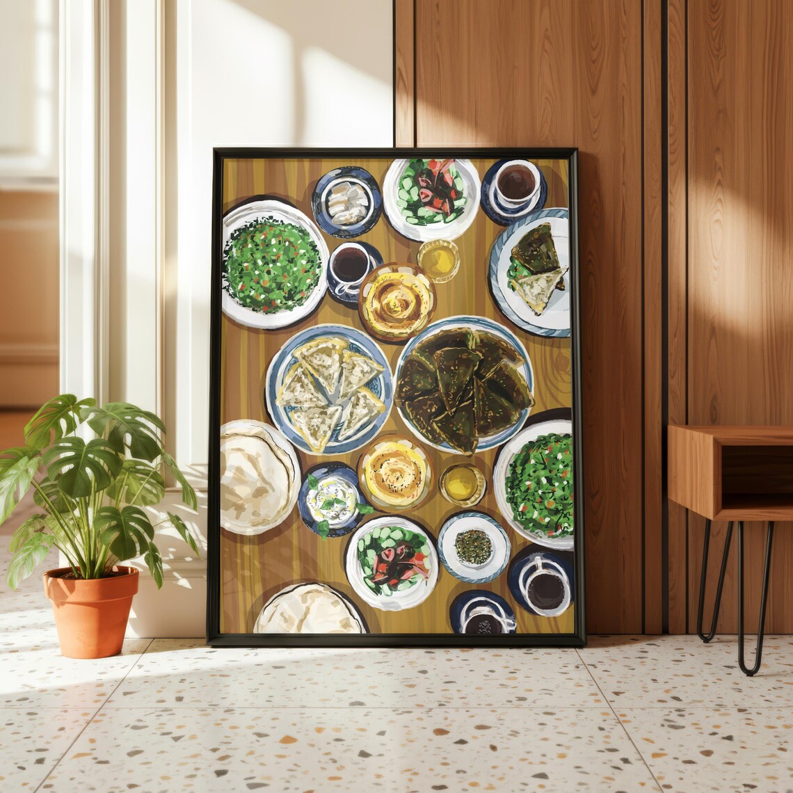 Palestinian Mezze Feast Tabbouleh Hummus Flat Lay Illustrated Food Poster