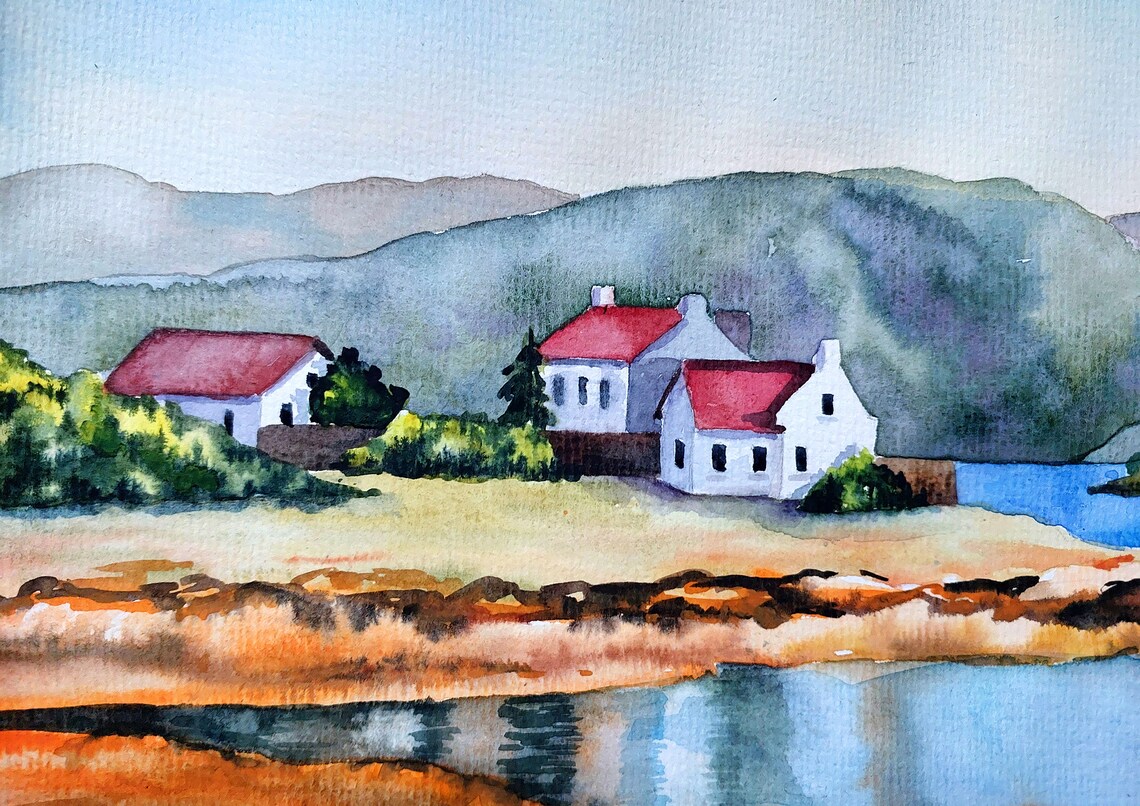 Lakeside Village White Houses Red Roofs Watercolor Scenic Poster - Image 2