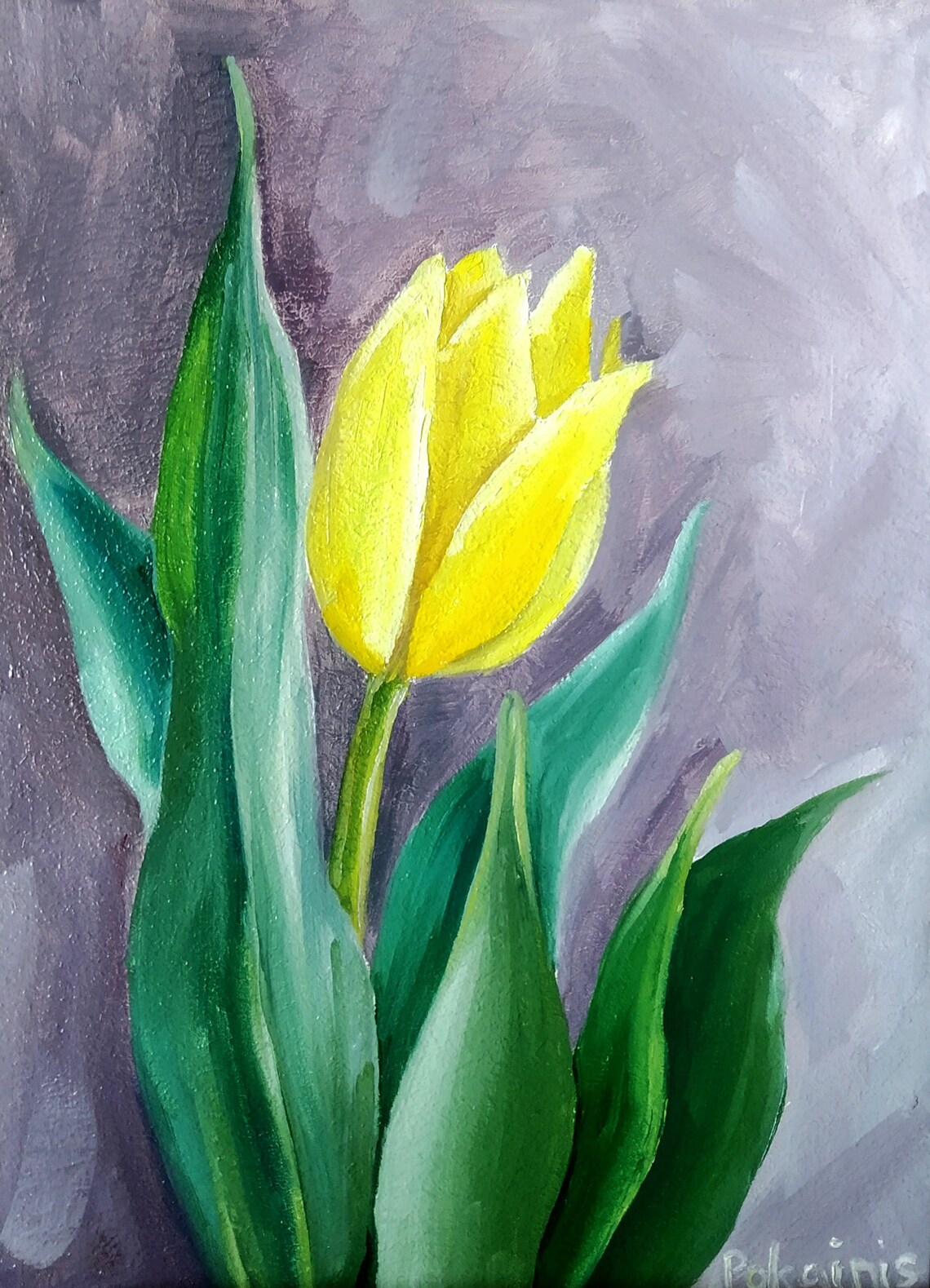 Single Yellow Tulip Bloom with Leaves Oil Painting Flower Poster