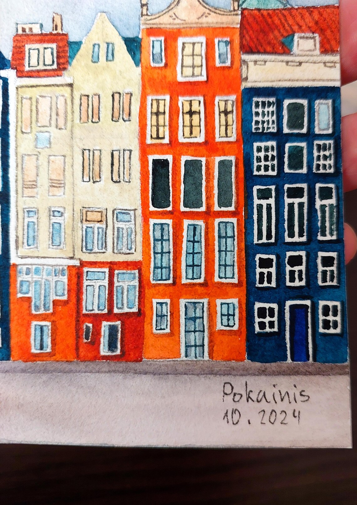 Colorful European Canal House Row Watercolor Miniature Poster - Image 2
