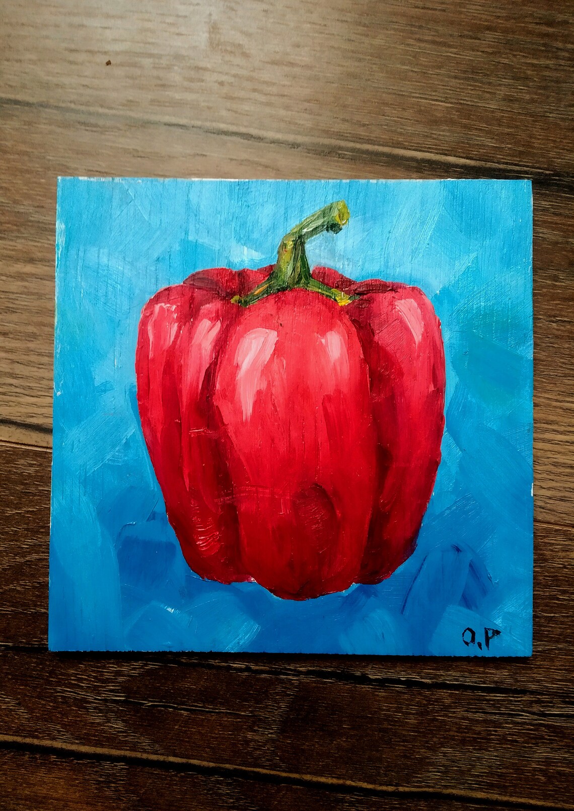 Red Bell Pepper Impasto Oil Painting Bold Blue Kitchen Poster - Image 2