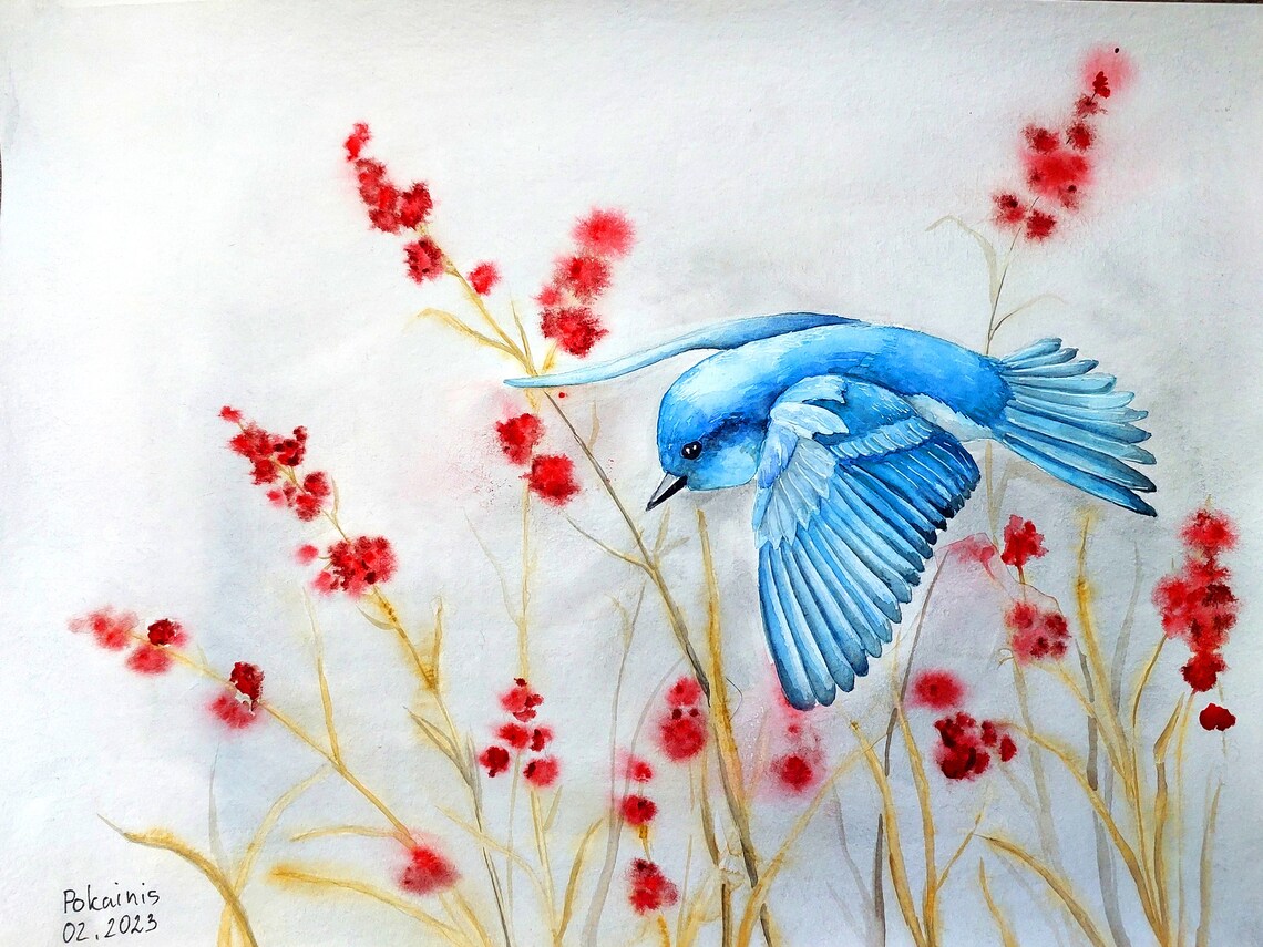 Bluebird in Flight Among Red Winter Berries Watercolor Poster