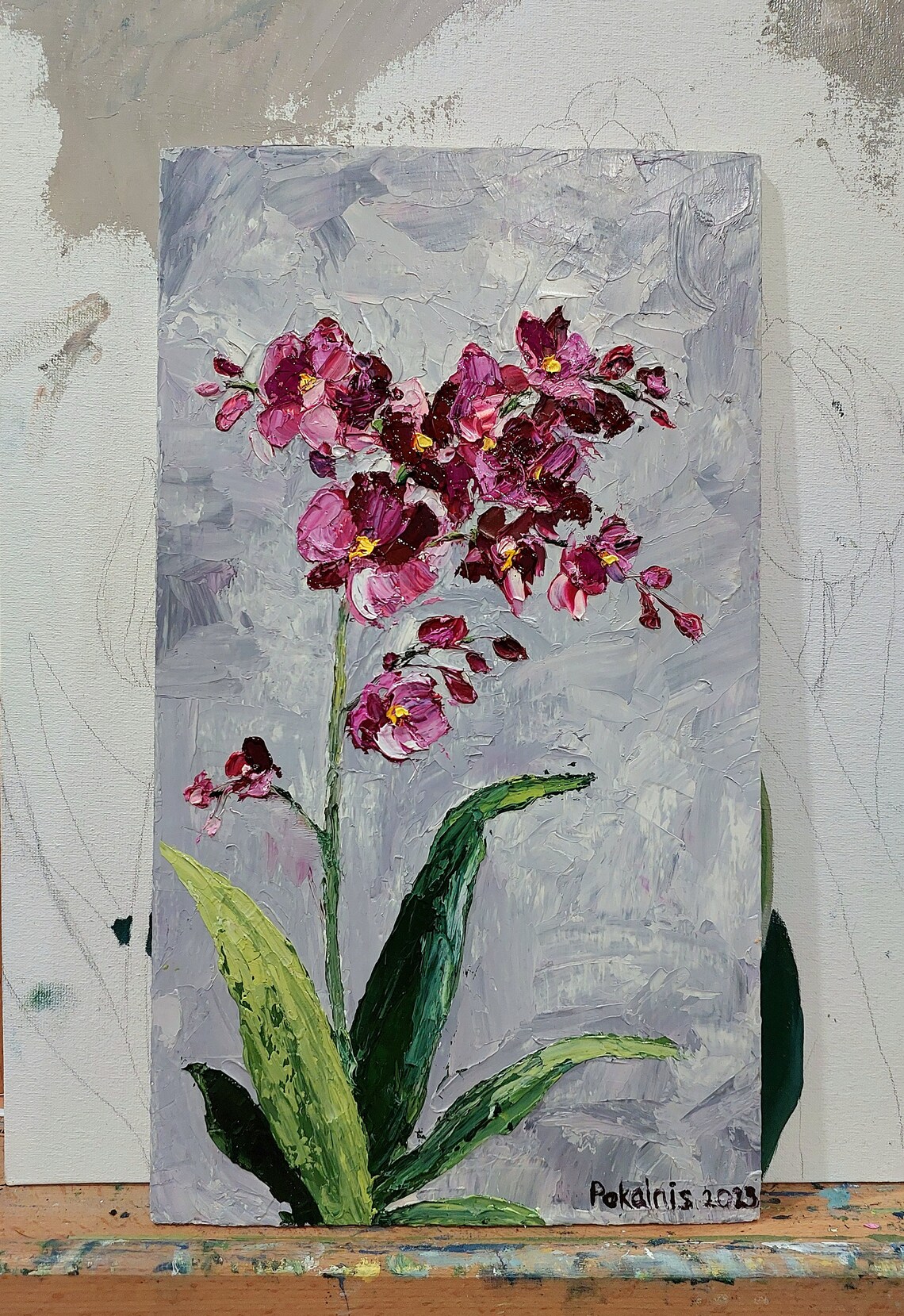 Magenta Orchid Spray Green Leaves Textured Impasto Oil Poster - Image 2
