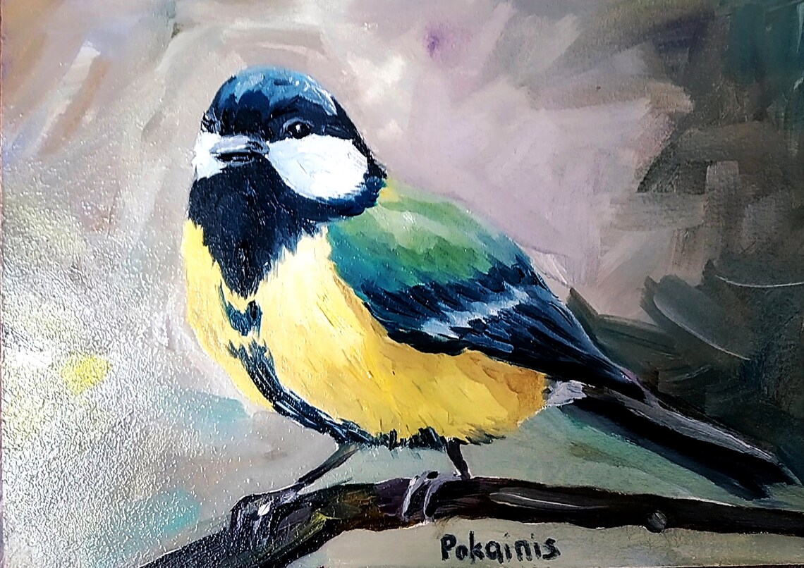 Great Tit Songbird Perched on Branch Original Oil Bird Poster