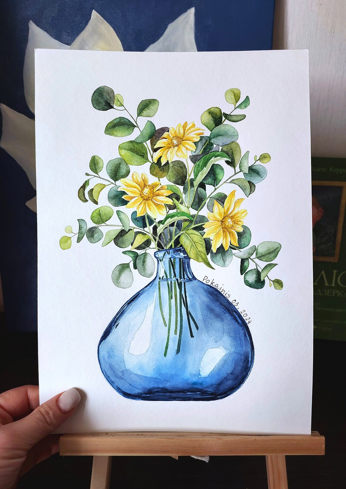 Yellow Daisies Eucalyptus Sprigs Blue Glass Vase Watercolor Poster - Image 2
