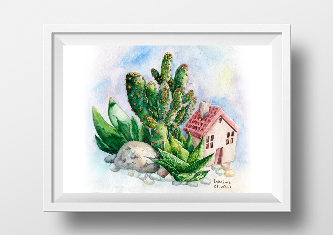 Prickly Pear Cactus Succulents Tiny Red House Watercolor Poster - Image 2
