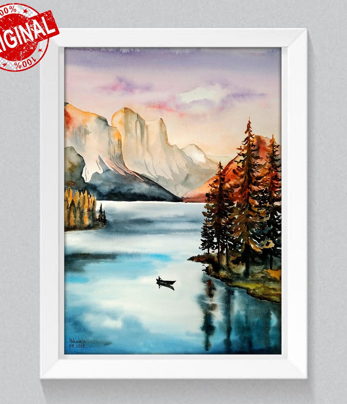 Mountain Lake with Lone Canoe Watercolor Landscape Art Poster - Image 2