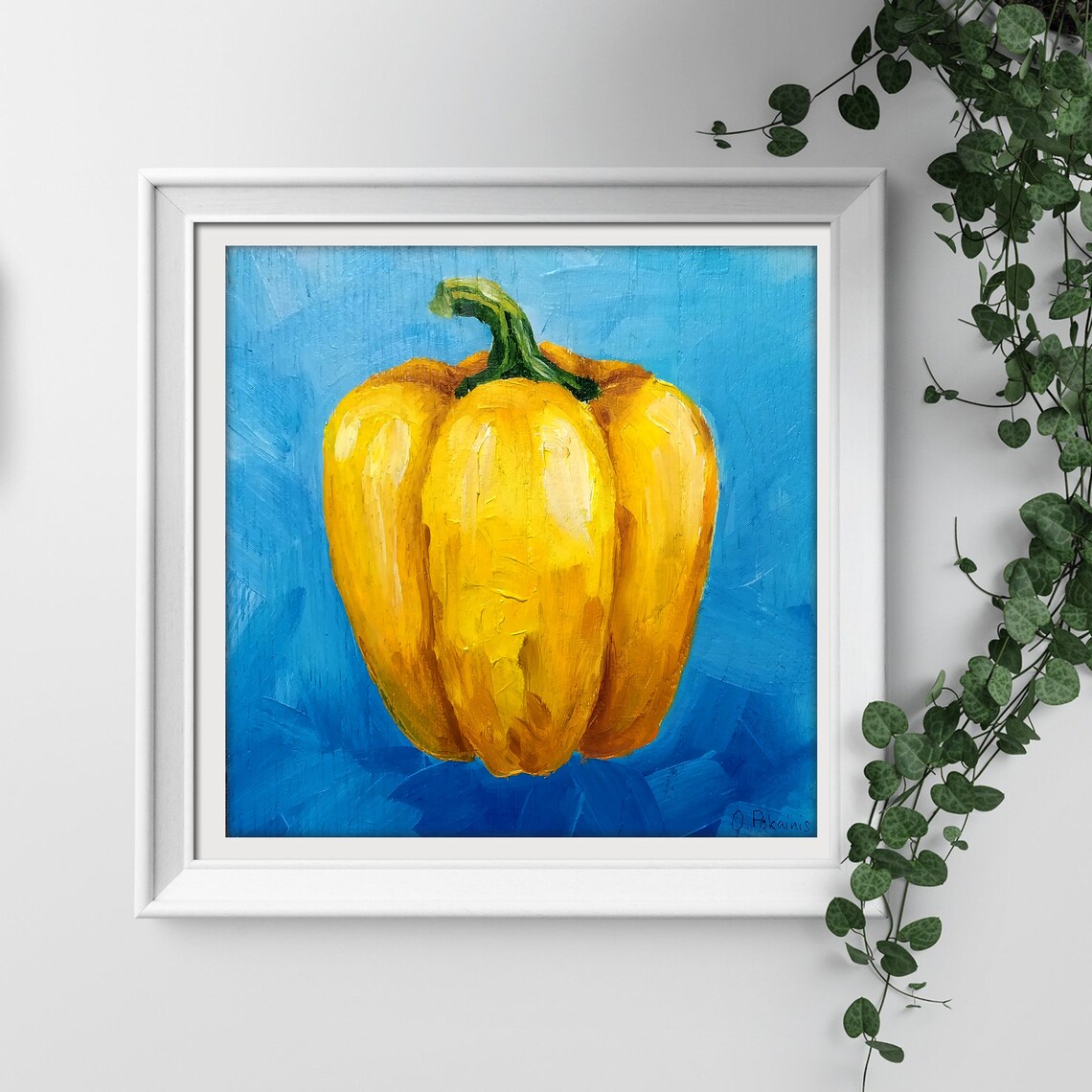 Yellow Bell Pepper Impasto Oil Painting Bright Blue Kitchen Poster - Image 2