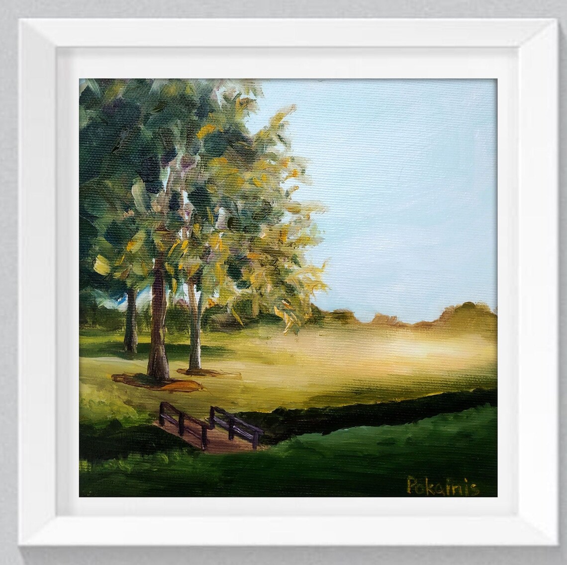 Park Footbridge Oil Painting Golden Morning Trees Scenic Poster - Image 5