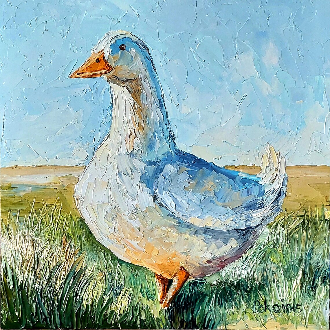 White Goose Oil Painting Farm Waterfowl Portrait Rustic Poster