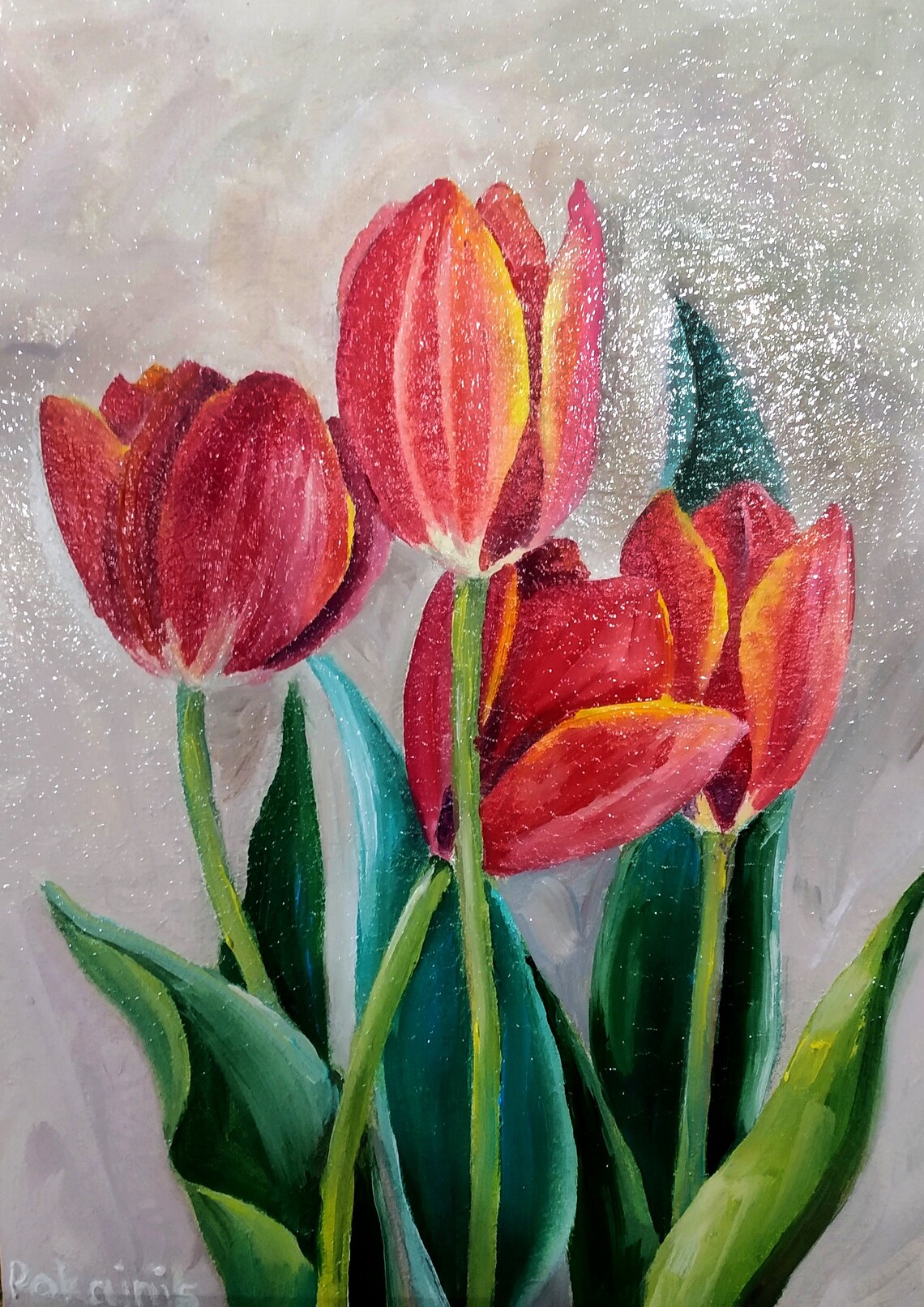 Bright Red Tulip Blooms with Green Leaves Oil Painting Poster