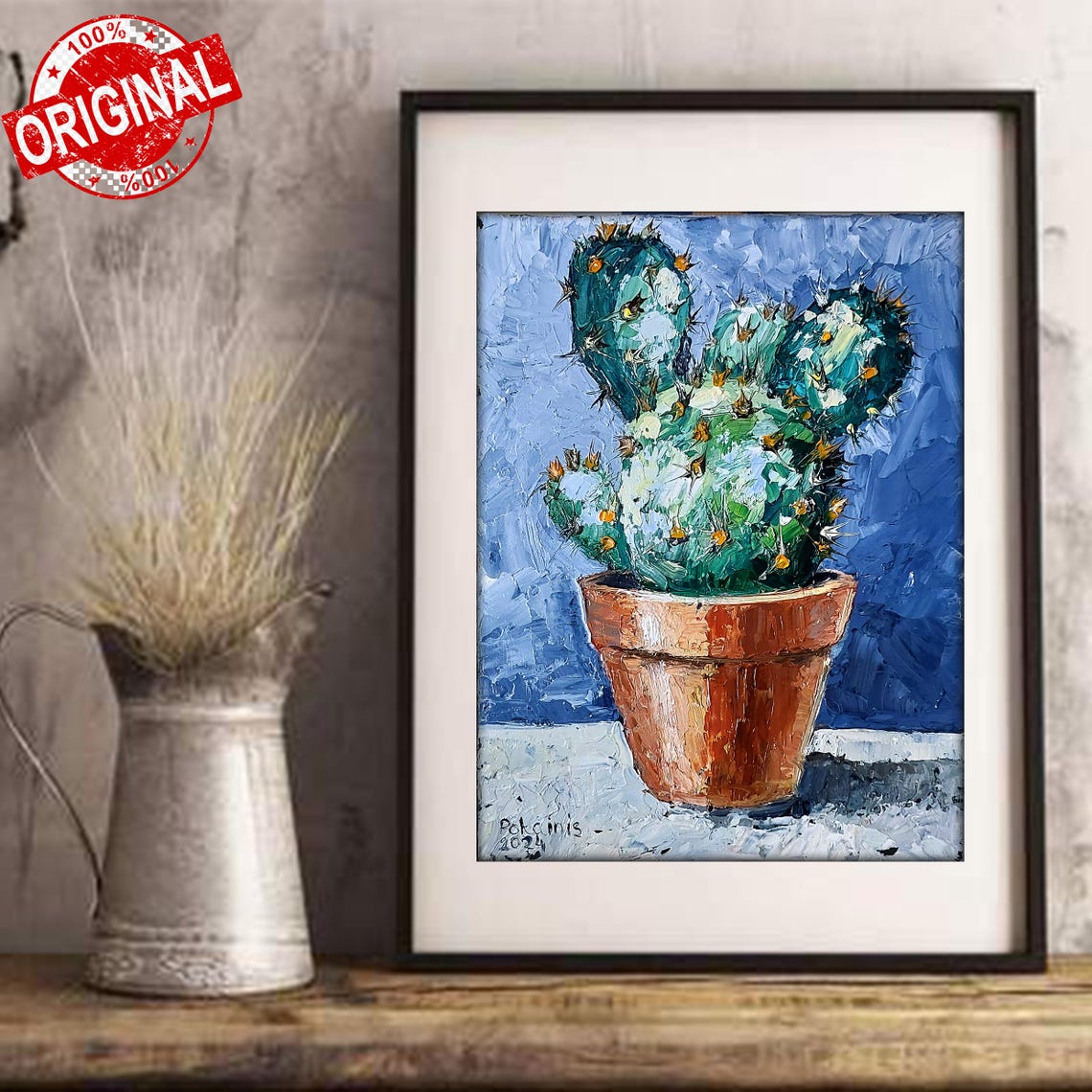 Prickly Pear Cactus in Terracotta Pot Impasto Oil Blue Poster - Image 3