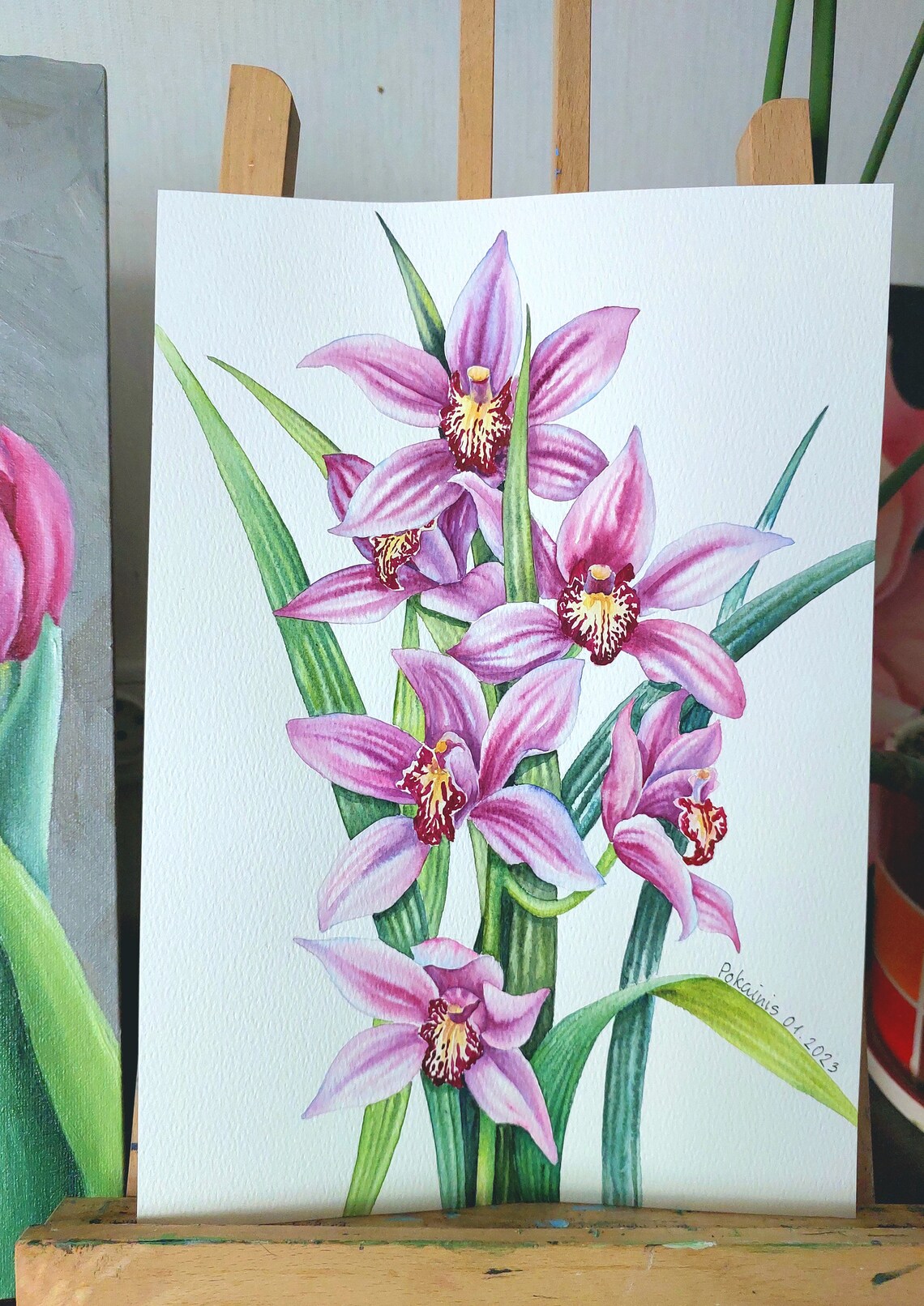 Violet Orchid Sprays Crimson Gold Throats Detailed Watercolor Print - Image 2