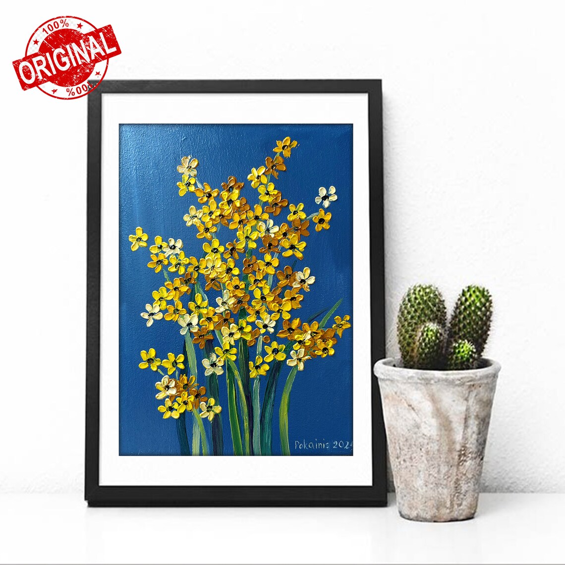 Yellow Wildflowers Impasto Oil Painting Poster On Navy Background - Image 3