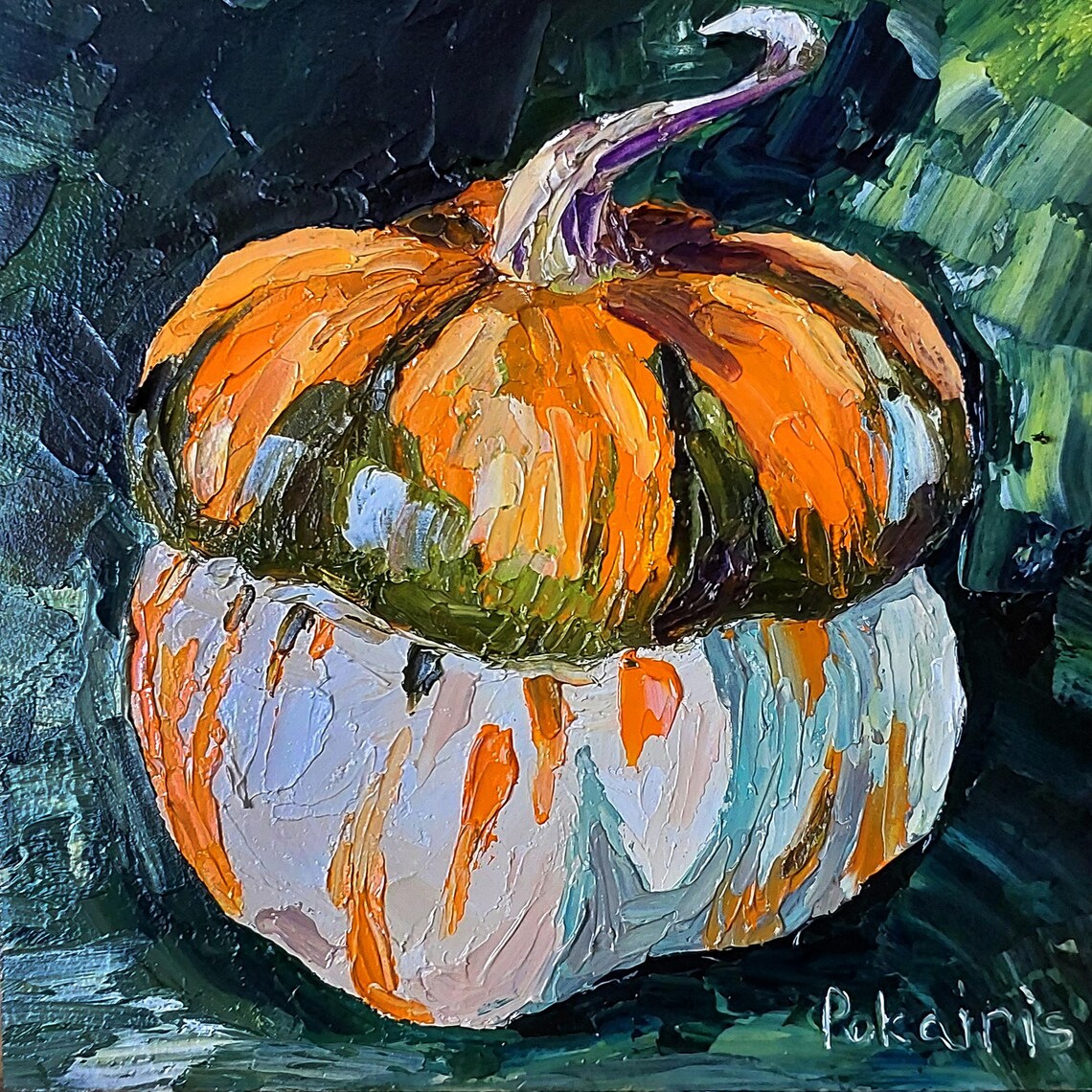 Orange and White Striped Pumpkin Impasto Oil Painting Fall Poster