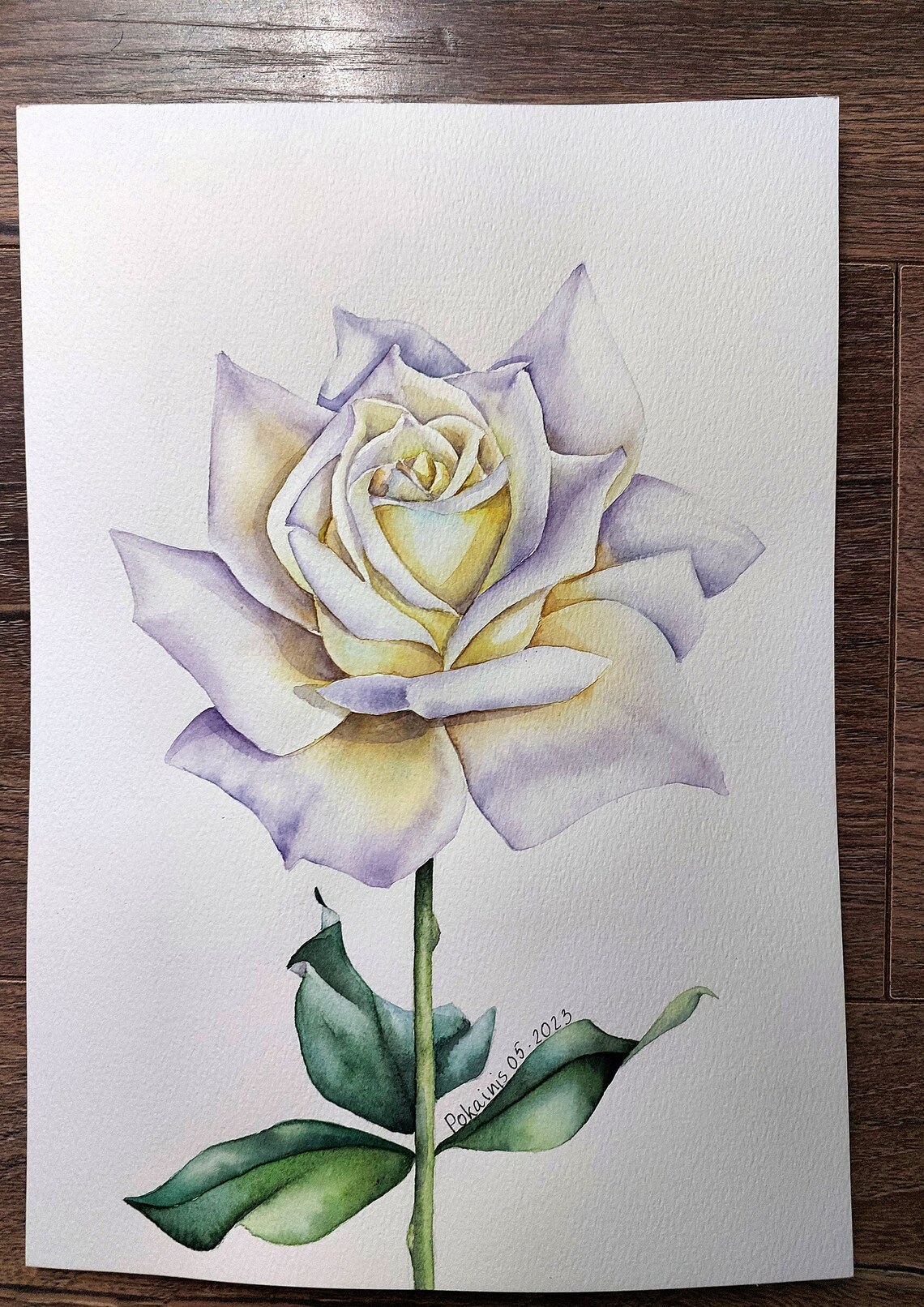 Cream Yellow Rose Watercolor Poster With Lavender Petal Edges - Image 3