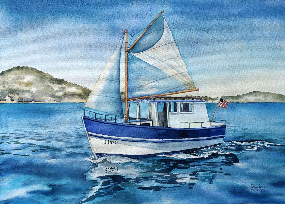 Sailboat JJ420 Under Sail on Bright Blue Sea Watercolor Poster