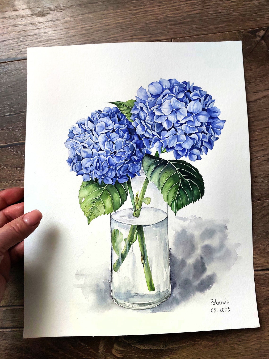 Blue Hydrangea Blossoms in Glass Vase Watercolor Floral Poster - Image 3
