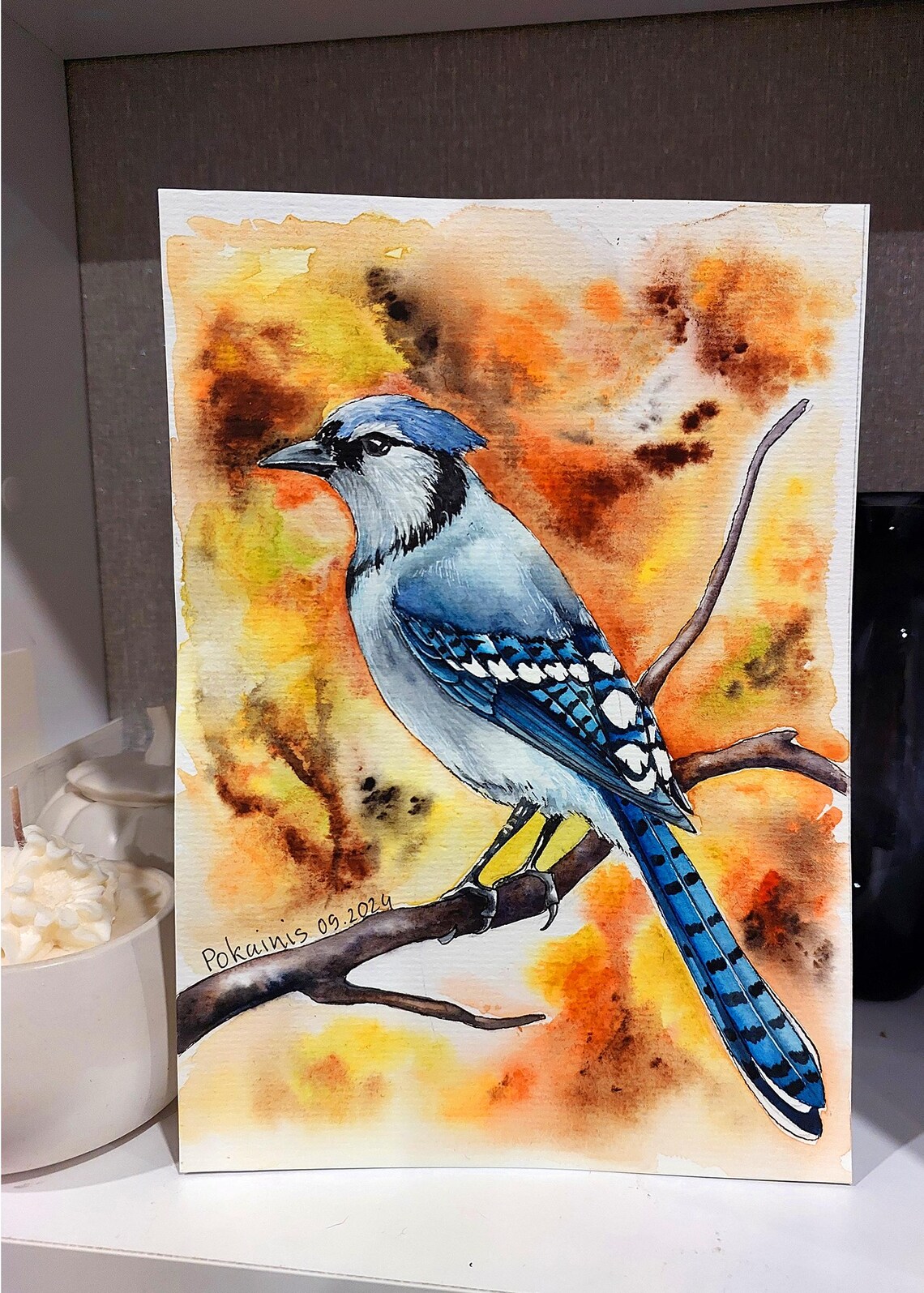 Blue Jay Perched on a Branch in Autumn Watercolor Bird Art Poster - Image 2