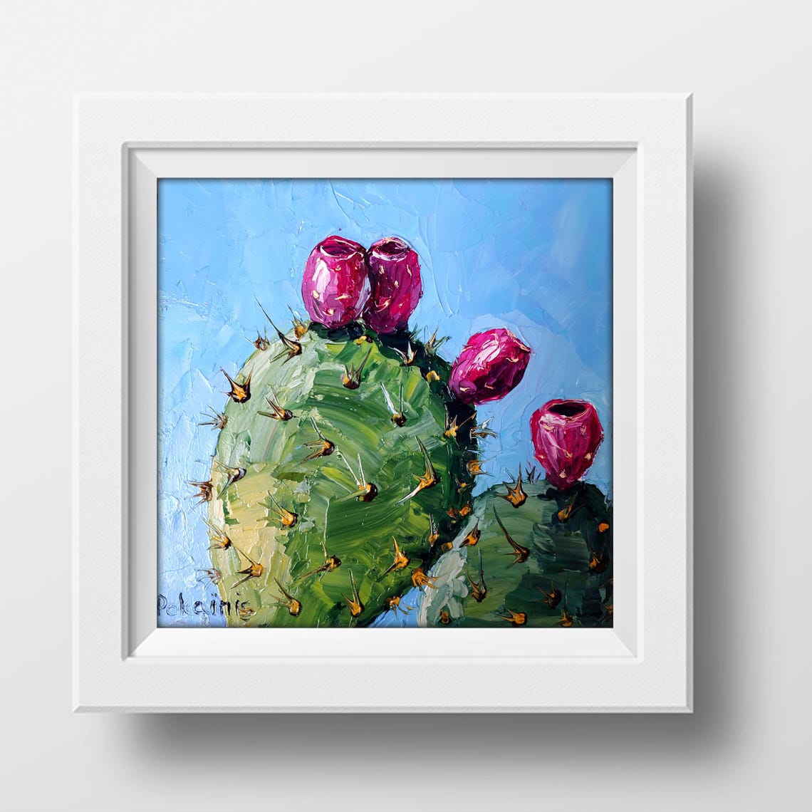 Prickly Pear Cactus with Magenta Fruit Under Blue Sky Oil Print - Image 3
