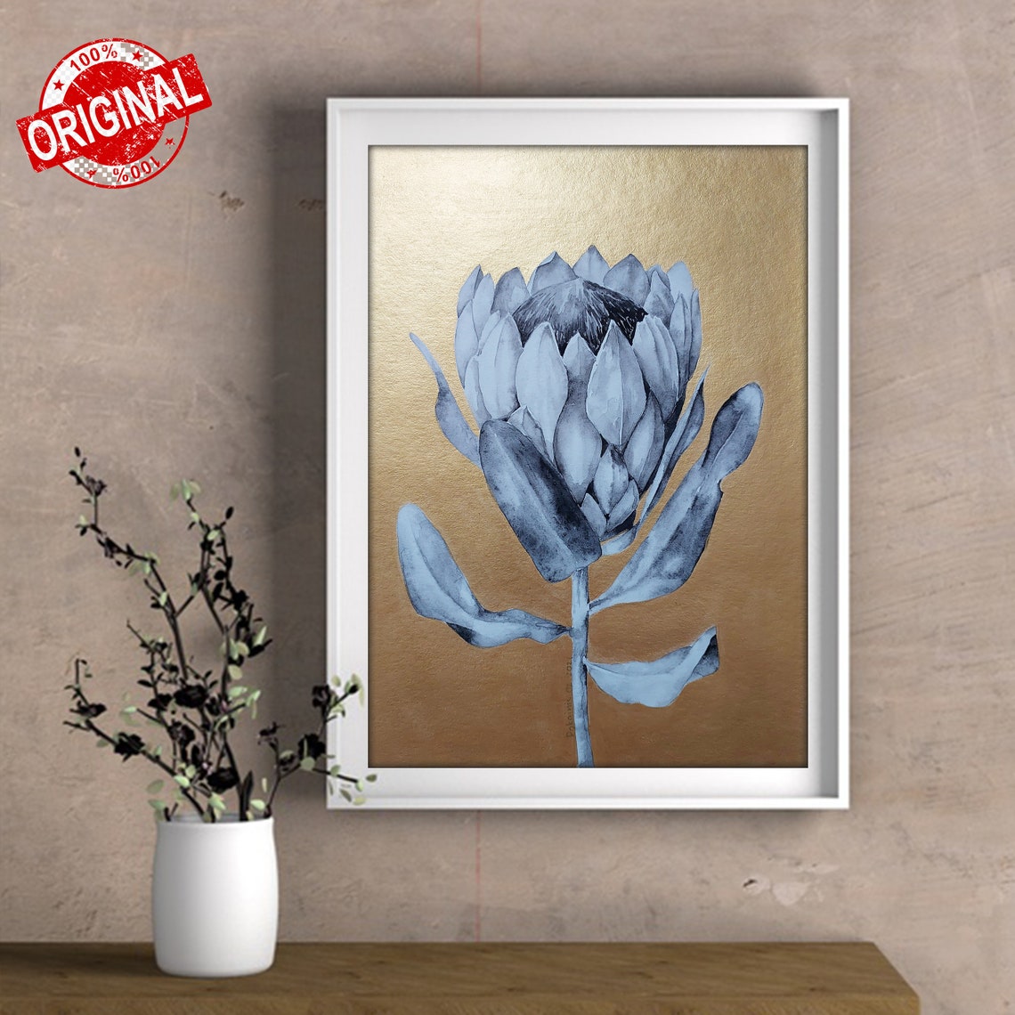 King Protea Grey Watercolor on Gold Background Floral Poster - Image 3