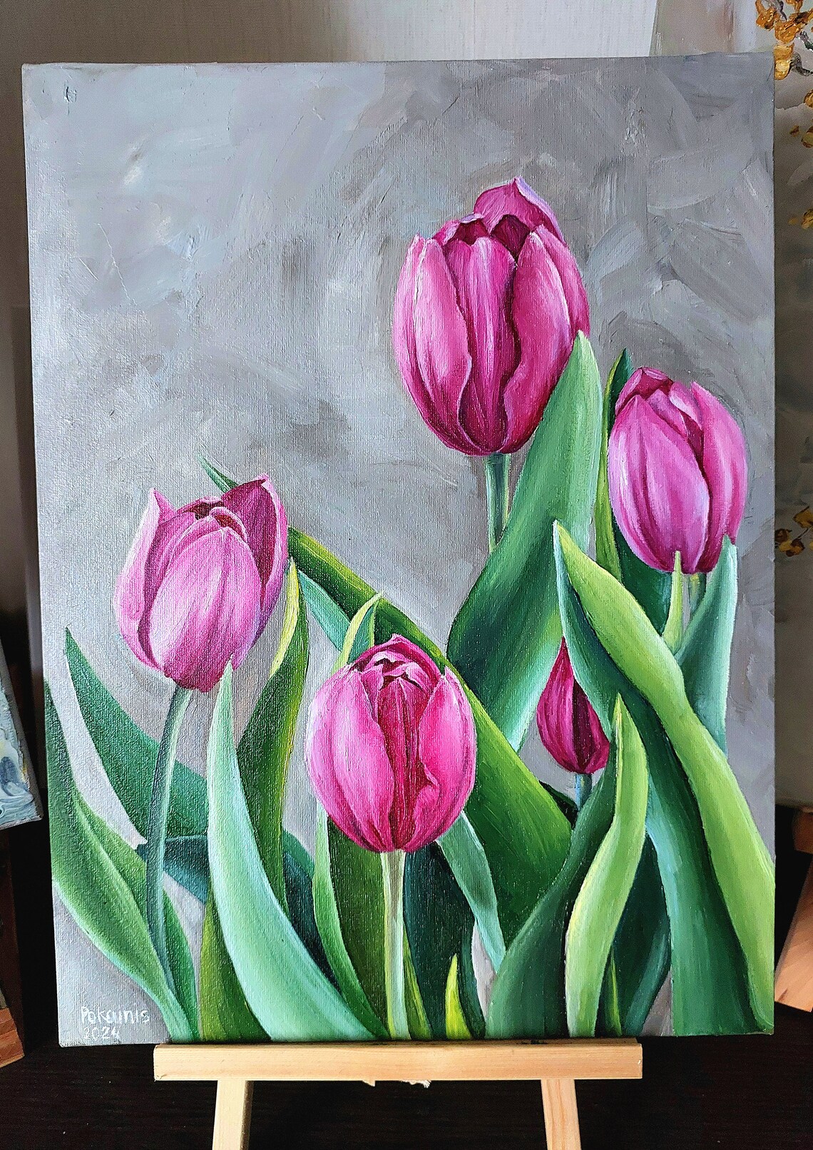 Pink Tulip Oil Painting Poster Fresh Blooms On Gray Background - Image 5