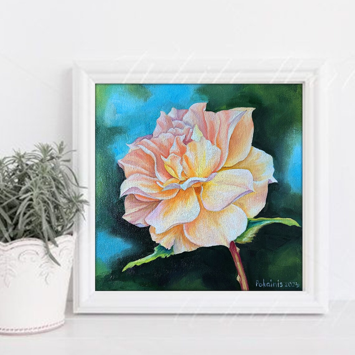 Apricot Rose Oil Painting Soft Blush Garden Flower Close Up Poster - Image 3