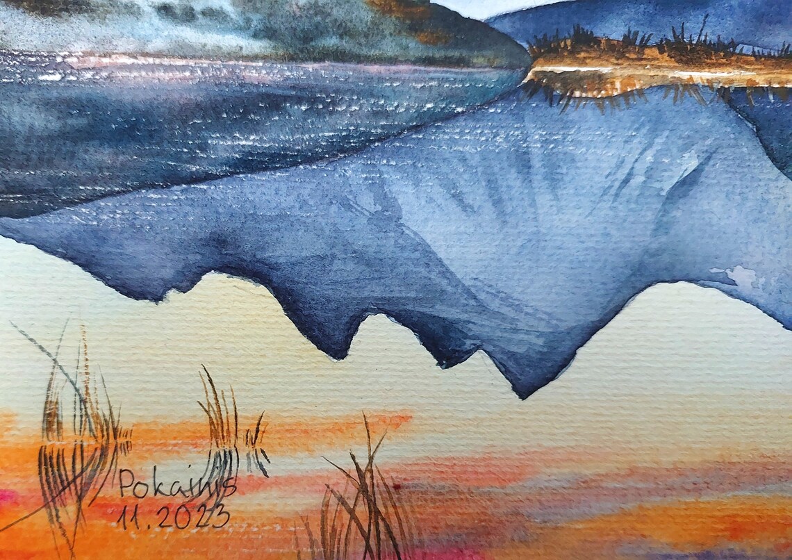 Alpine Mountain Lake Blazing Sunset Reflection Watercolor Print - Image 2