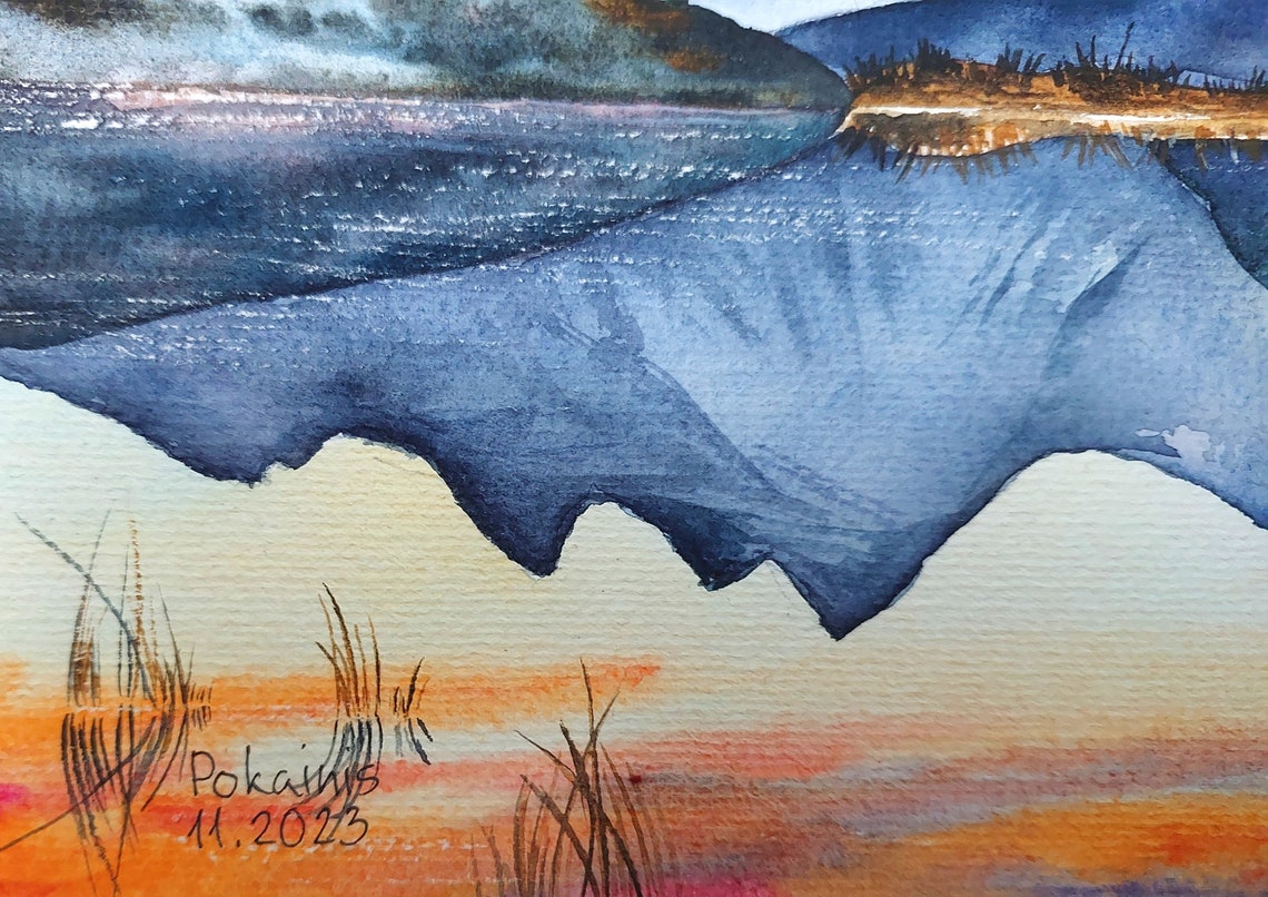 Original Watercolor Landscape Painting Colorful Art Mountain Sunset Wall Art Lake House Gift Custom Lake Fine Art Blue Mountain Wall Art - Image 2