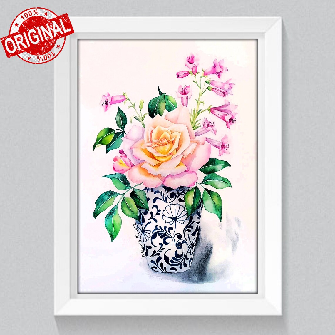 Peach Rose in Blue Chinoiserie Vase Watercolor Floral Poster - Image 5