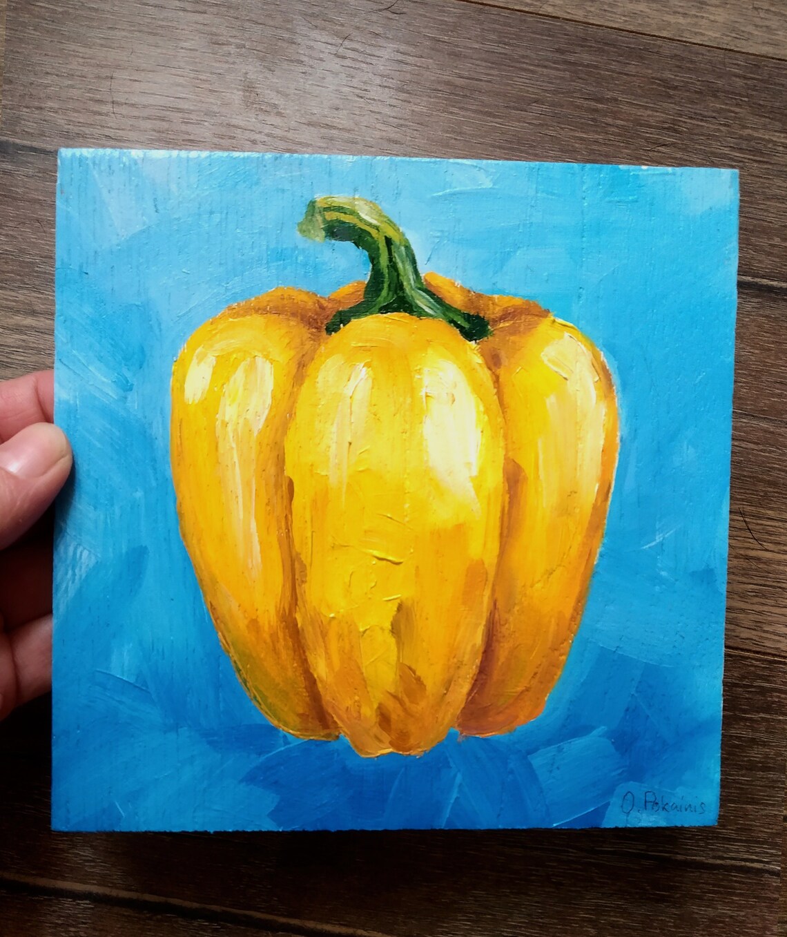 Yellow Bell Pepper Impasto Oil Painting Bright Blue Kitchen Poster - Image 5