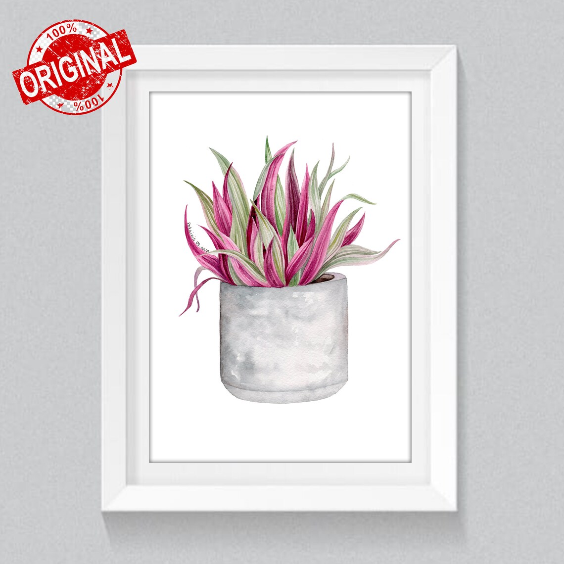Pink Green Houseplant Striped Leaves Gray Pot Watercolor Poster - Image 2