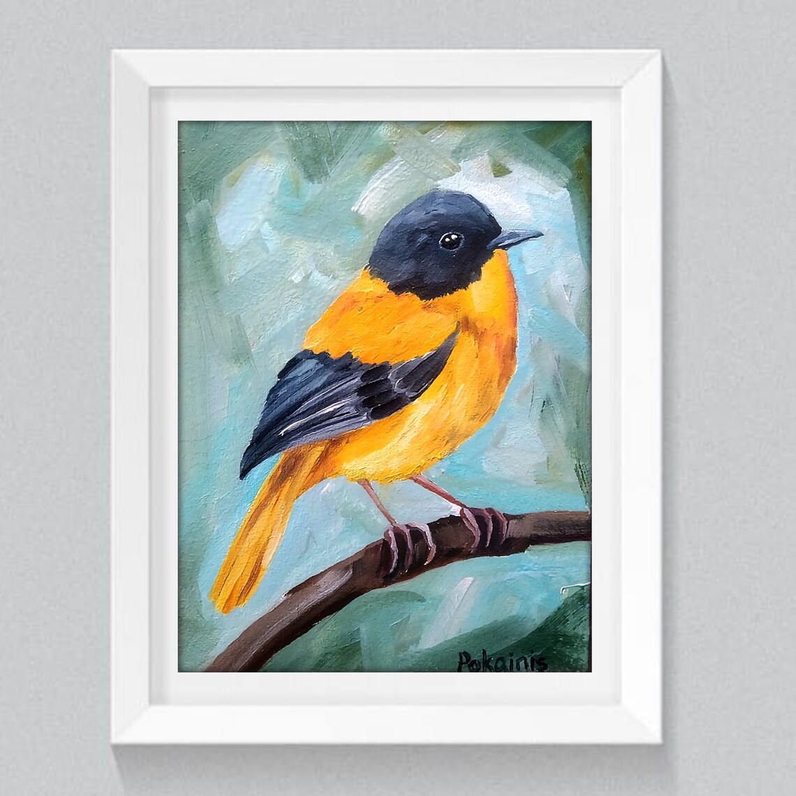 Black Headed Orange Songbird in Tiny Oil Painting Bird Poster - Image 2
