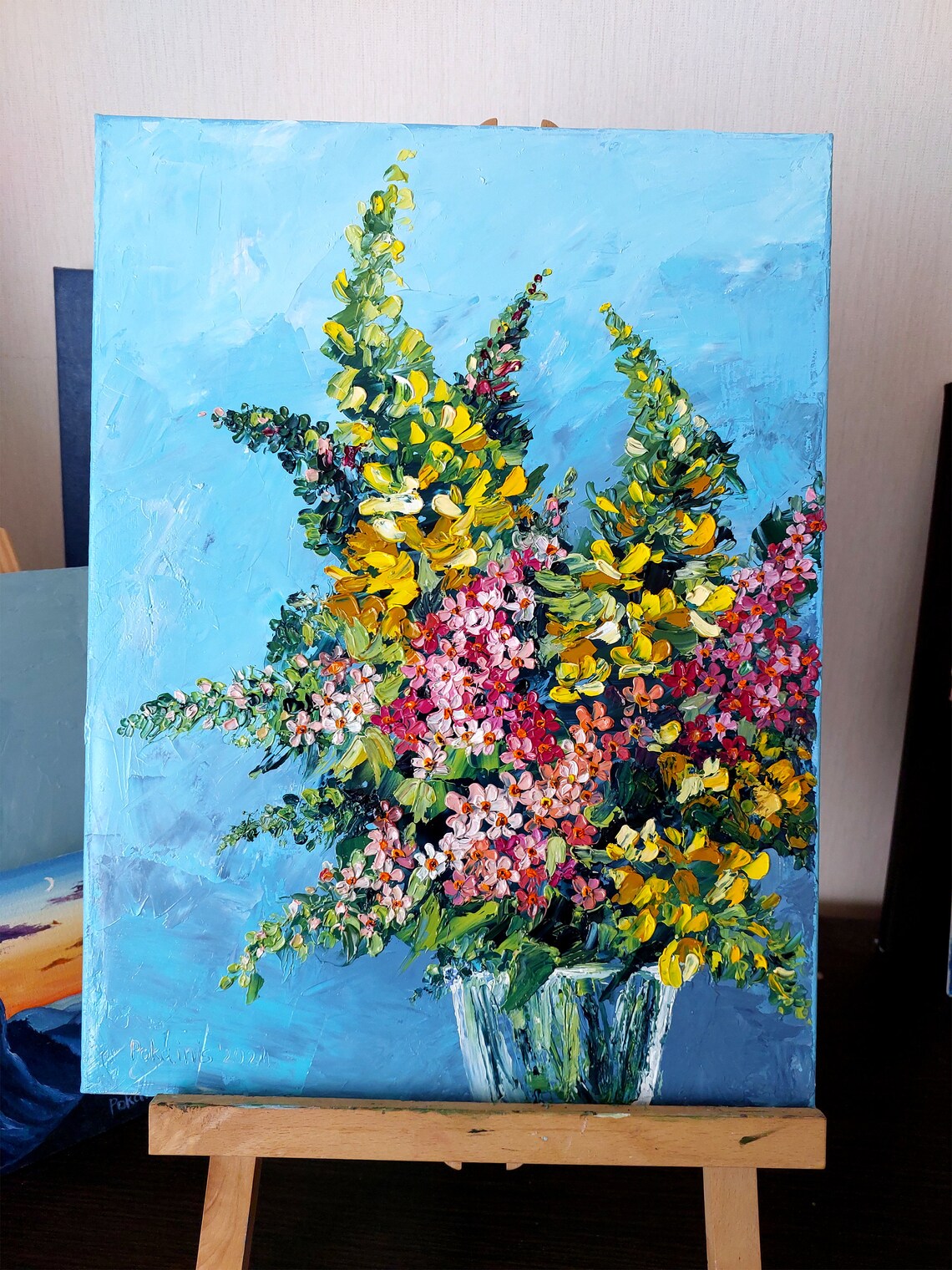 Wildflower Bouquet Glass Vase Turquoise Impasto Floral Poster - Image 2