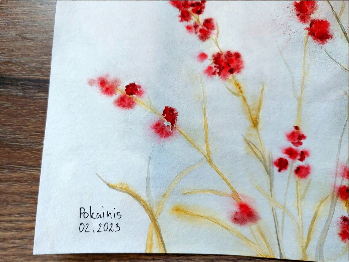 Bluebird in Flight Among Red Winter Berries Watercolor Poster - Image 2