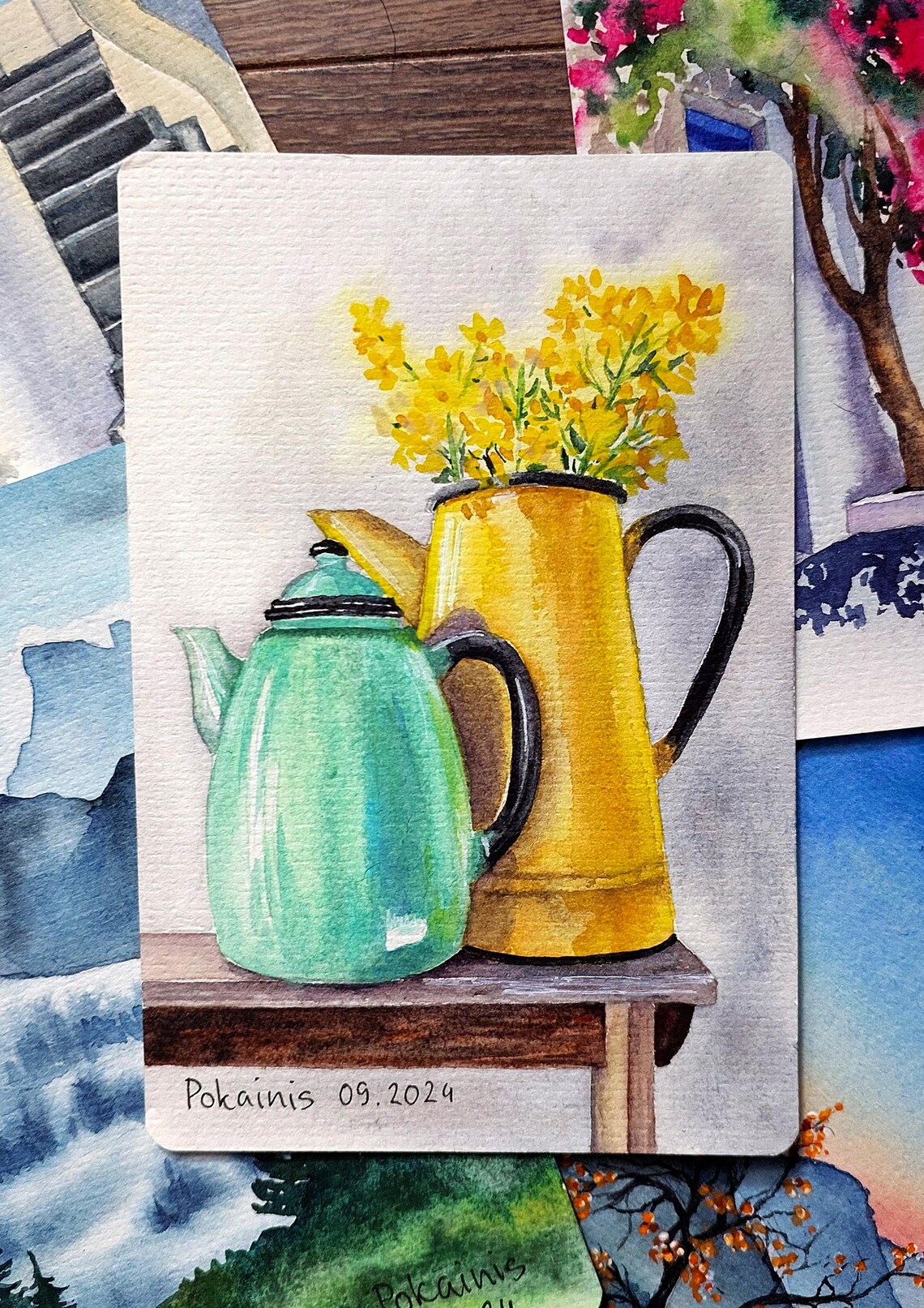 Yellow Wildflowers in Mustard Pitcher Watercolor Miniature Poster - Image 2
