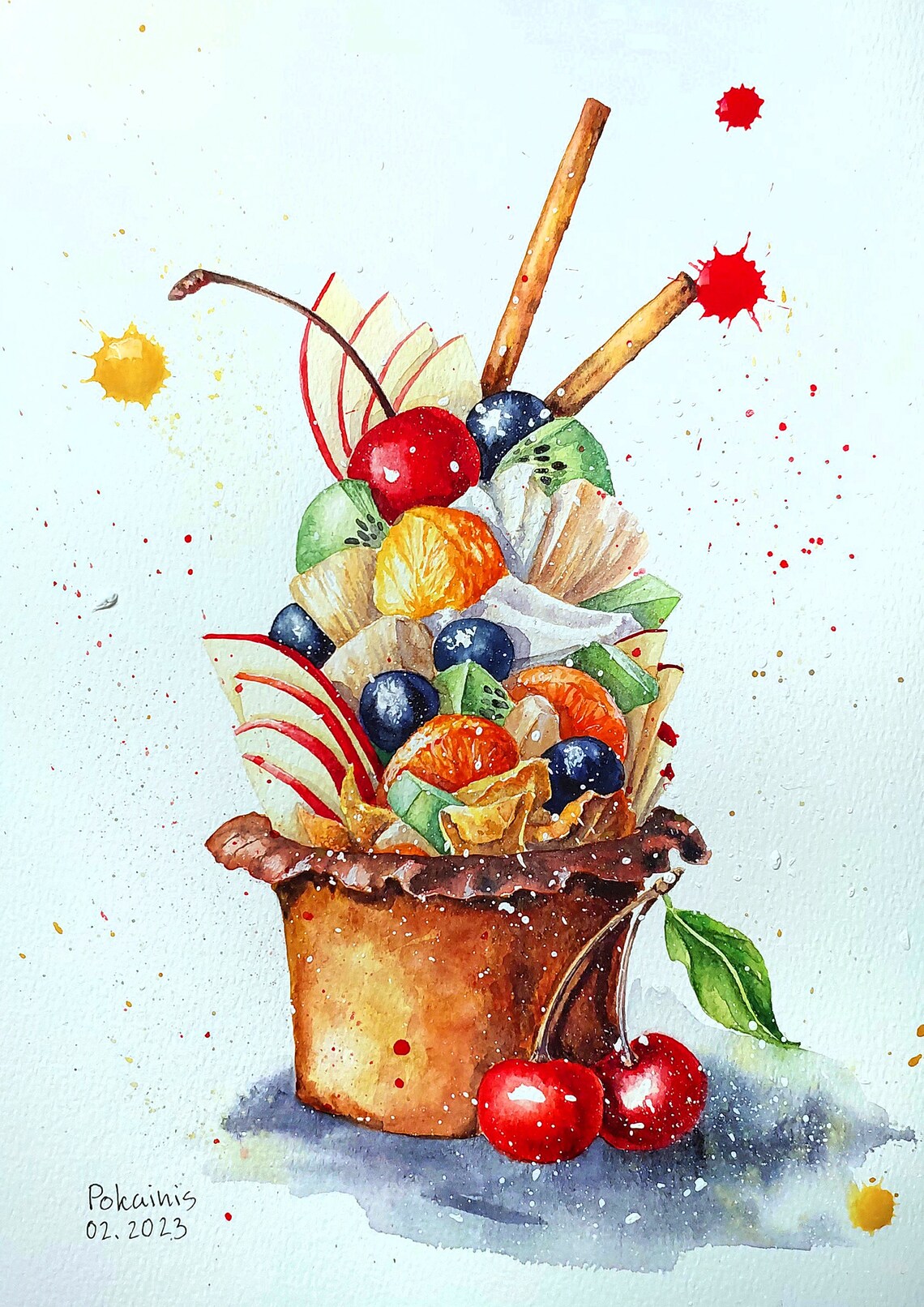 Cupcake Original Watercolor Painting Food Wall Art Fruit Painting Fruit Still Life Painting Cherry Wall Art Kitchen Original Fine Art