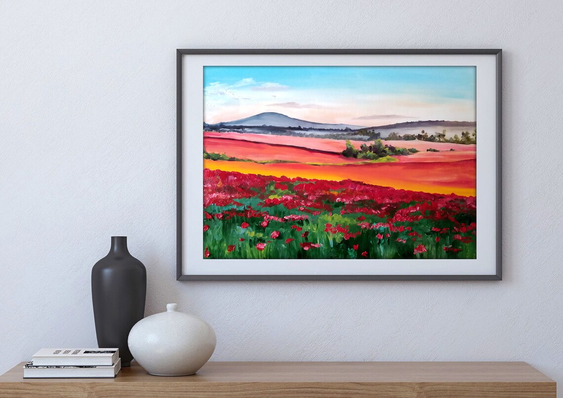 Red Poppy Meadow with Rolling Hills Oil Painting Landscape Poster - Image 2