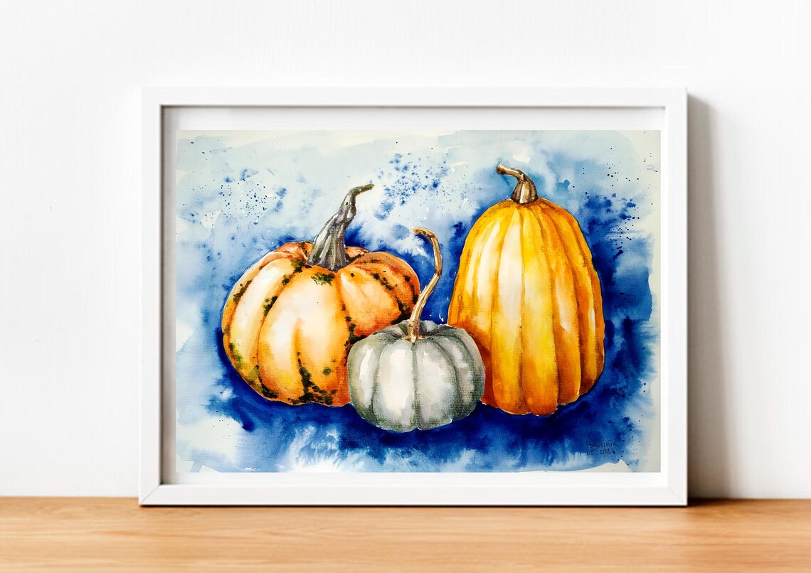 Three Pumpkins of Autumn Harvest Watercolor Still Life Poster - Image 2