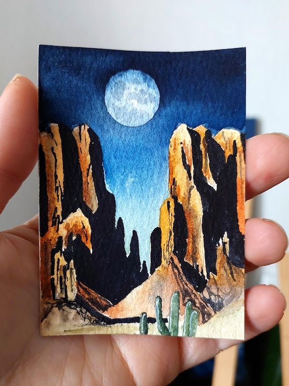 Full Moon over a Desert Canyon Watercolor Night Landscape Poster