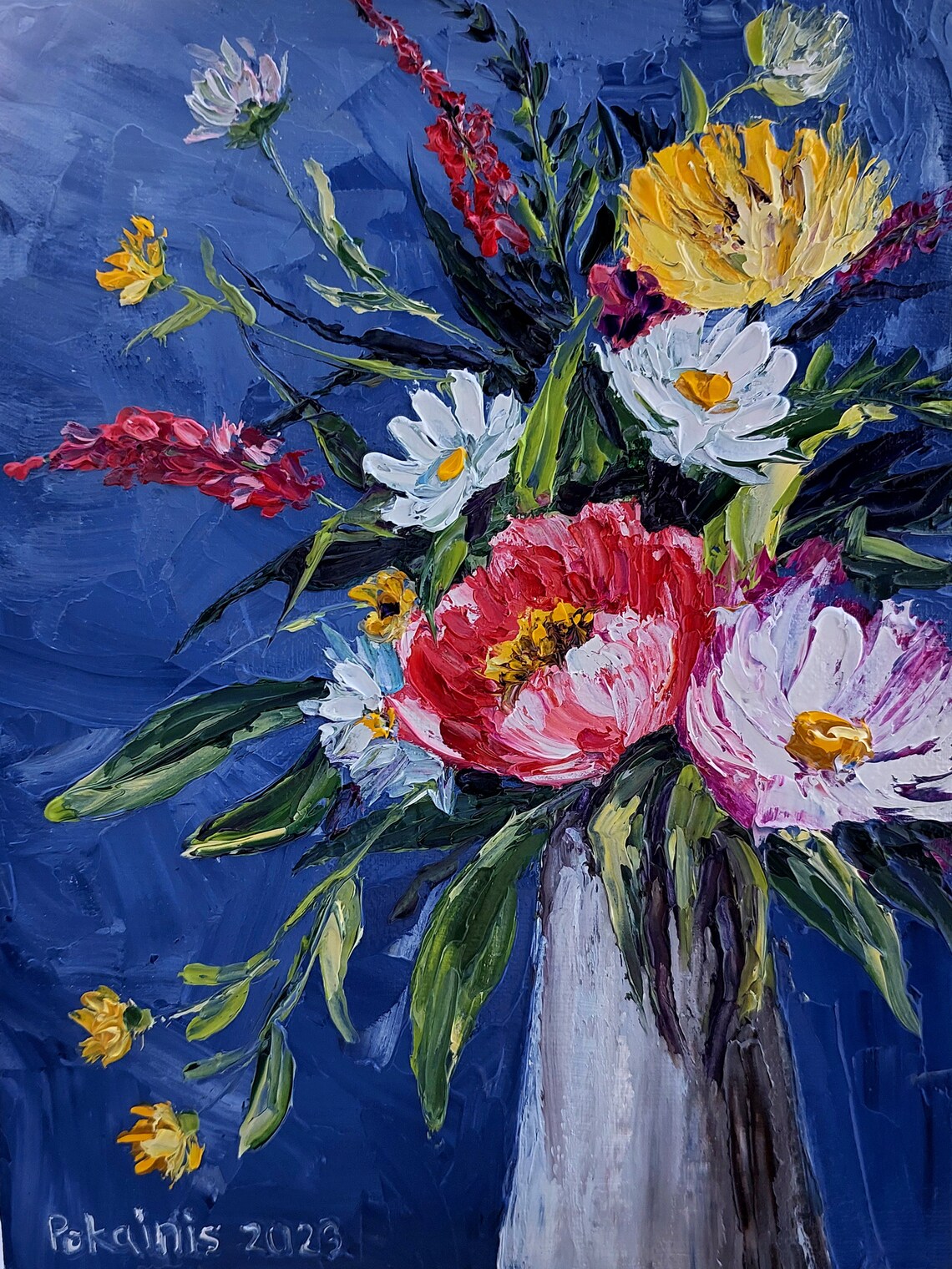 Red Poppies and Daisies Bouquet Impasto Oil Painting Art Poster